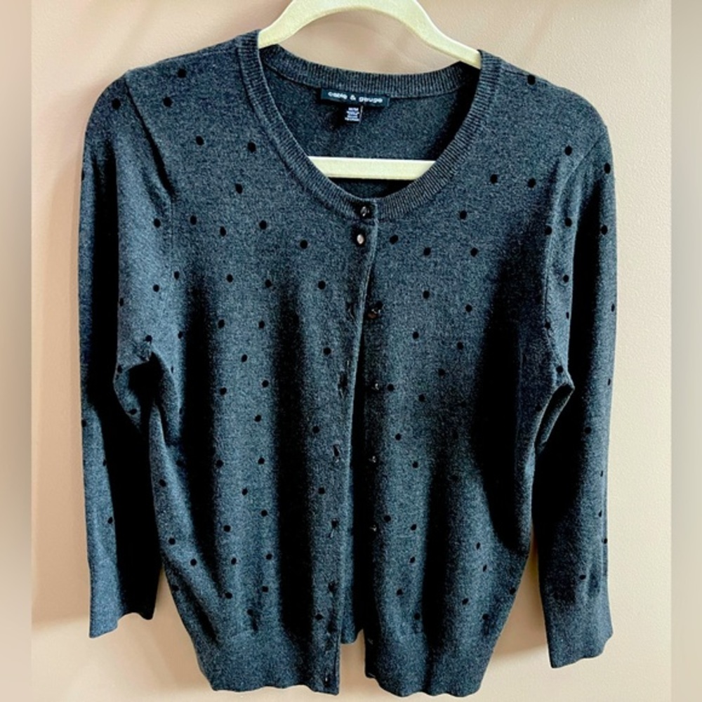 Cable and Gauge Gray with Black polka dot button-up sweater-size medium